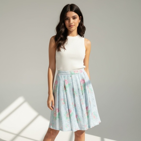Vintage Dresses & Skirts - 🌻Vintage F.R. Bentley Pleated Pastel Floral Midi Skirt Elastic Waistband Size M